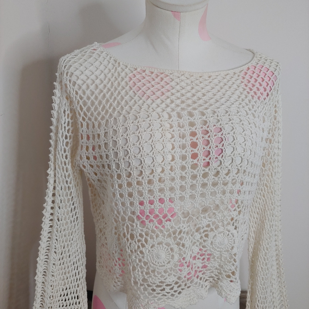Divided H&M • Boho Cotton Cream Ivory Crop Top Crochet Long Bell Sleeve Medium - Picture 16 of 16